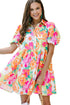 Floral Puff Sleeve Collar Buttoned Babydoll Dress